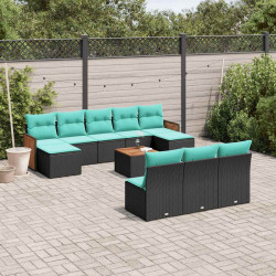 Conjunto de sofá de jardim com 11 peças e almofadas em rattan sintético preto
