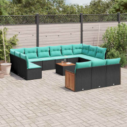 Conjunto de sofá de jardim com 14 peças e almofadas em rattan sintético preto
