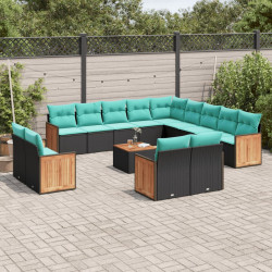 Conjunto de sofá de jardim com 14 peças e almofadas em rattan sintético preto