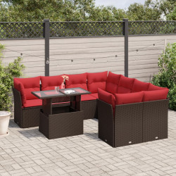Conjunto de sofá de jardim com 9 peças e almofadas em rattan sintético marrom