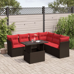 Conjunto de sofá de jardim com 7 peças e almofadas em rattan sintético marrom