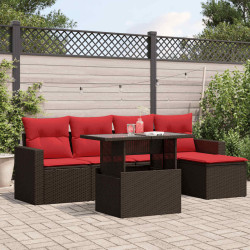Conjunto de sofá de jardim com 6 peças e almofadas em rattan sintético marrom