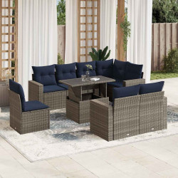 Conjunto de sofá de jardim de 9 peças com almofadas em rattan sintético cinza