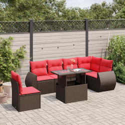Conjunto de sofá de jardim com 7 peças e almofadas em rattan sintético marrom