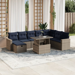 Conjunto de sofá de jardim de 9 peças com almofadas em rattan sintético cinza