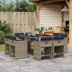 Conjunto de jantar para jardim de 9 peças com almofadas, em rattan sintético cinza