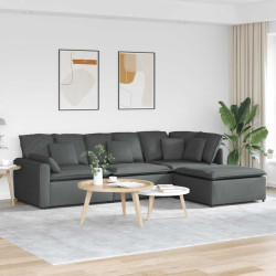Sofá modular com apoio para os pés e almofadas, tecido cinza escuro