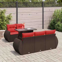 6 Pcs conj. sofás jardim c/ almofadões vime PE/acácia castanho