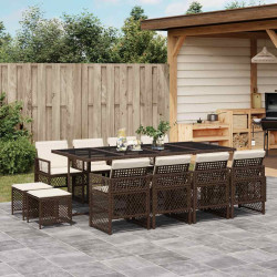 13 Pcs conjunto jantar p/ jardim c/ almofadões vime PE castanho