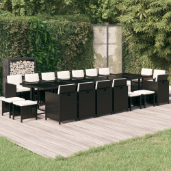 19 Pcs conjunto jantar p/ jardim c/ almofadões vime PE preto