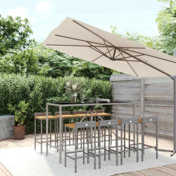 9 Pcs conjunto de bar p/ jardim vime PE/acácia maciça cinzento