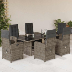 7 Pcs conjunto de jantar p/ jardim c/ almofadões vime PE cinza