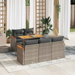 6 Pcs conjunto sofás jardim com almofadões PE/acácia cinzento
