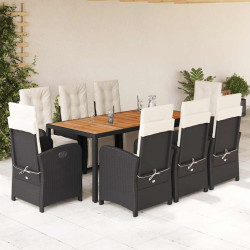 9 Pcs conjunto de jantar p/ jardim c/ almofadões vime PE preto