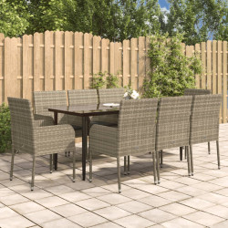 9 Pcs conjunto jantar jardim c/ almofadões vime PE preto/cinza