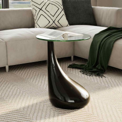 Mesa de centro com tampo redondo de vidro, preto brilhante