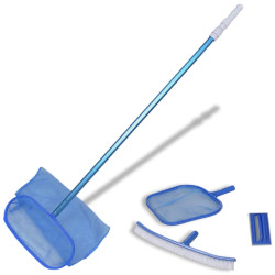 Kit limpeza de piscina, 1 escova, 2 apanha folhas, uma esponja e uma vara telescópica