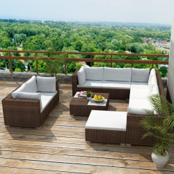 10 Pcs conjunto lounge jardim c/ almofadões vime PE castanho