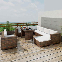 10 Pcs conjunto lounge jardim c/ almofadões vime PE castanho