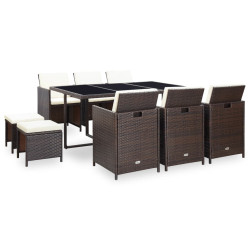 11 Pcs conjunto jantar exterior com almofadões vime PE castanho