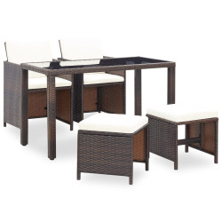 5 Pcs conjunto de jantar exterior c/ almofadões vime castanho