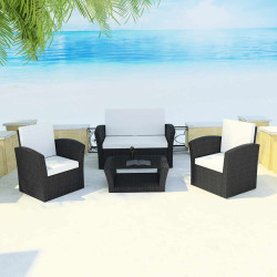 4 Pcs conjunto lounge de jardim c/ almofadões vime PE preto