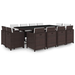 13 Pcs conjunto jantar exterior com almofadões vime PE castanho
