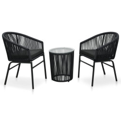 3 Pcs conjunto bistrô com almofadões vime PE preto