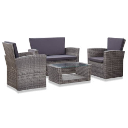 4 Pcs conjunto lounge de jardim c/ almofadões vime PE cinzento