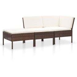 3 Pcs conjunto lounge jardim c/ almofadões vime PE castanho
