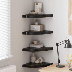 Prateleiras canto suspensas 4 pcs 35x35x3,8cm MDF preto brilh.