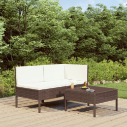 3 Pcs conjunto lounge jardim c/ almofadões vime PE castanho
