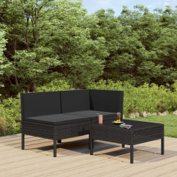 3 Pcs conjunto lounge de jardim c/ almofadões vime PE preto