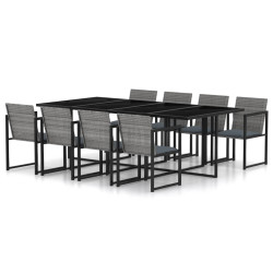 9 Pcs conjunto jantar exterior c/ almofadões vime PE cinzento