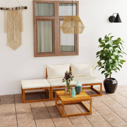 4 Pcs conjunto lounge jardim c/ almofadões acácia maciça creme