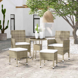 5 Pcs conjunto lounge de jardim vime PE bege