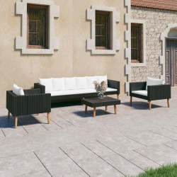 4 Pcs conjunto lounge de jardim c/ almofadões vime PE preto