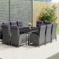 11 Pcs conjunto de jantar para jardim vime PE cinzento