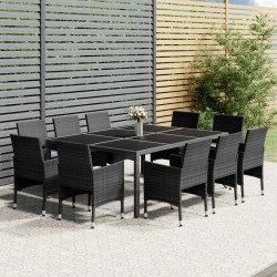 11 Pcs conjunto de jantar para jardim vime PE cinzento