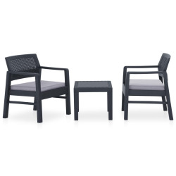 3 Pcs conjunto lounge de jardim c/ almofadões plástico cinzento