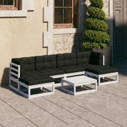 7 Pcs conj. lounge de jardim c/ almofadões pinho maciço branco