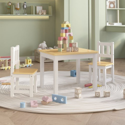 3 Pcs conjunto mesa e cadeiras infantil MDF branco e bege