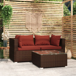 3 Pcs conjunto lounge jardim c/ almofadões vime PE castanho