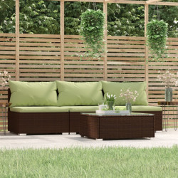 4 Pcs conjunto lounge jardim c/ almofadões vime PE castanho