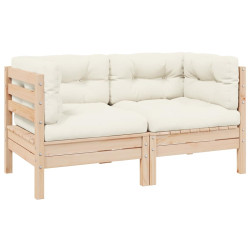 Sofá de jardim 2 lugares com almofadões cor creme pinho maciço