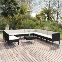 12 Pcs conjunto lounge de jardim c/ almofadões vime PE preto