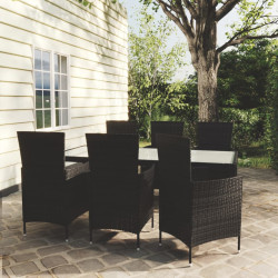 7 Pcs conjunto jantar exterior com almofadões vime PE preto