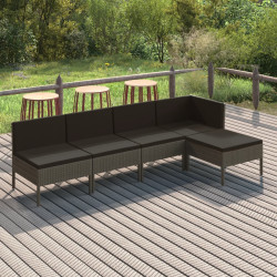 5 Pcs conjunto lounge de jardim c/ almofadões vime PE cinzento