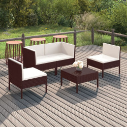 5 Pcs conjunto lounge jardim c/ almofadões vime PE castanho