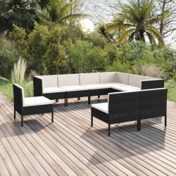 9 Pcs conjunto lounge de jardim c/ almofadões vime PE preto